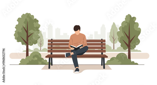 Man Reading Book on Park Bench with City Skyline Background
