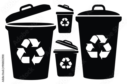 Black recycling bins with lids and recycling symbols