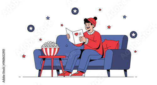 Man Reading Greeting Card on Sofa with Popcorn and Stars