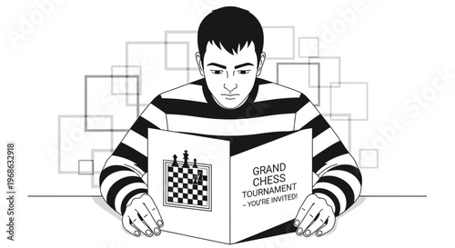 Man reading Grand Chess Tournament invitation, strategic thinking, black and white illustration
