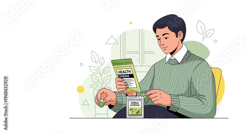 Man Reading Health Supplement Label, Choosing Organic Product