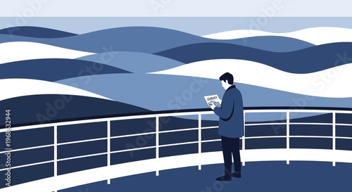 Man Reading on Ship Deck Overlooking Wavy Blue Ocean