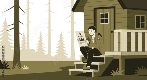 Man Reading Magazine on Cabin Porch in Forest