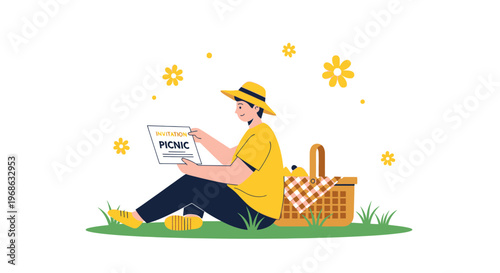 Man Reading Picnic Invitation Card Sitting on Grass with Basket