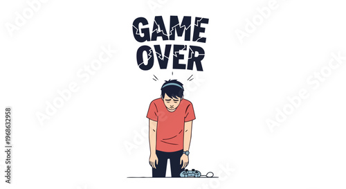 Sad Gamer Boy with Game Over Text Illustration