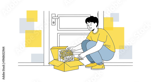 Man receiving package delivery at door, unpacking box with joy
