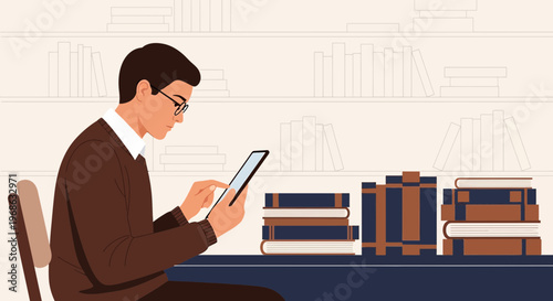 Man Reading Tablet in Library with Stacked Books and Shelves
