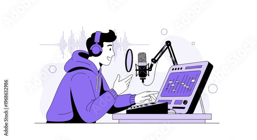 Man recording podcast with microphone and headphones at home studio