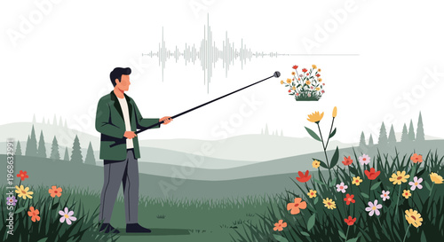 Man Records Sound of Flowers in Nature with Microphone