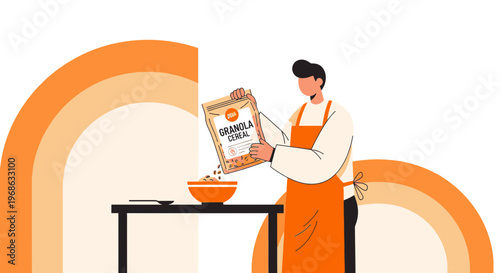 Man pouring granola cereal into bowl, healthy breakfast preparation, flat illustration