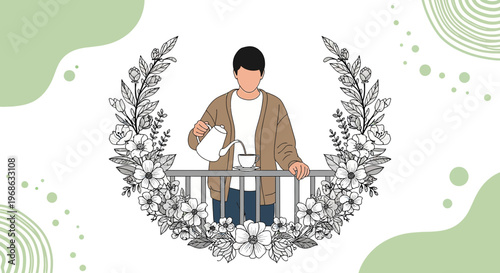Man Pouring Coffee on Balcony Surrounded by Floral Wreath