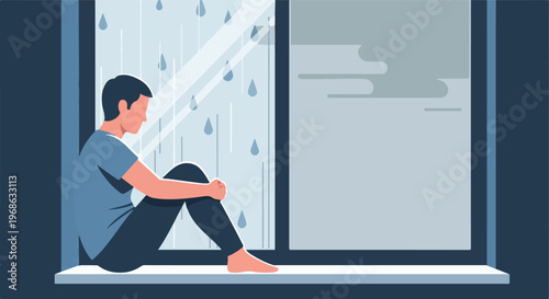 A lonely man sits by a window watching rain fall during a gloomy gray day time