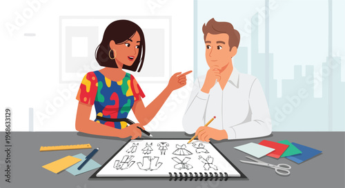 Two fashion designers working together on garment sketches at a modern desk studio