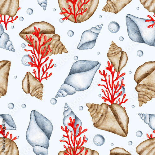 Seashell pattern watercolor illustration with beige and blue spiral shells, bright red coral branches, and small translucent bubbles on light gray surface. Soft gradients, organic shapes, and evenly s