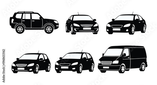 A collection of vehicle silhouettes including suv sedan hatchback and van designs all in black silhouette high quality professional detailed modern