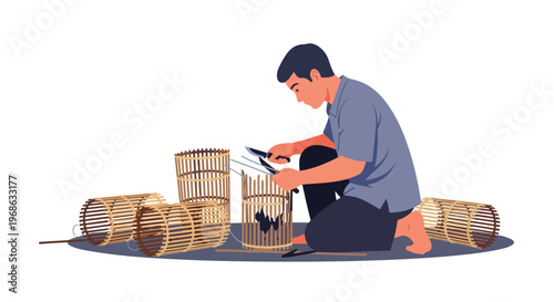 A man sitting on the floor weaving traditional bamboo baskets for catching fish