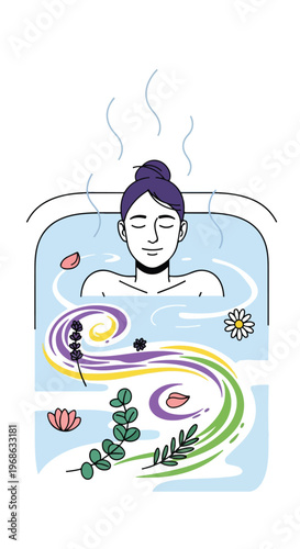 A calm woman relaxing in a warm bathtub filled with floral petals and steam