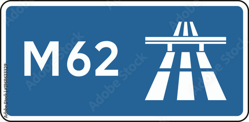 Motorway Sign M62 with Highway Symbol in Blue for Road Navigation, Traffic Guidance, Transport Infrastructure, and Travel Direction Design