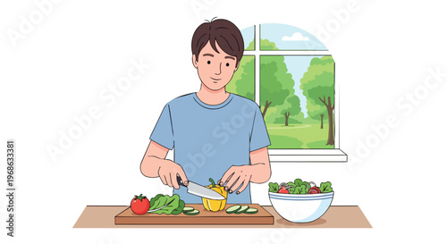 Young Man Preparing Fresh Vegetable Salad in Kitchen