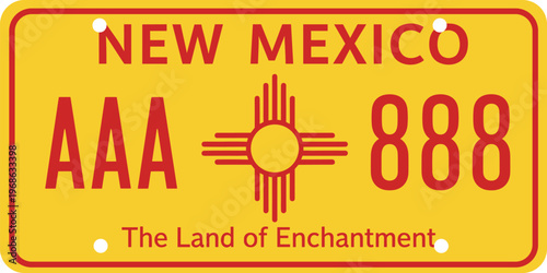 New Mexico License Plate Design with Zia Sun Symbol and Custom Number for Vehicle Registration, American State Identity, and Retro Automotive Graphic Use