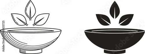 Organic herbal bowl vector silhouette set, natural tea leaf icon, healthy soup or salad dish illustration, isolated black white line.