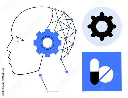 Artificial intelligence concept. Artificial intelligence merges neural networks, healthcare, and technology through visual icons of human profile, mechanized gear, and pills. For health tech, AI