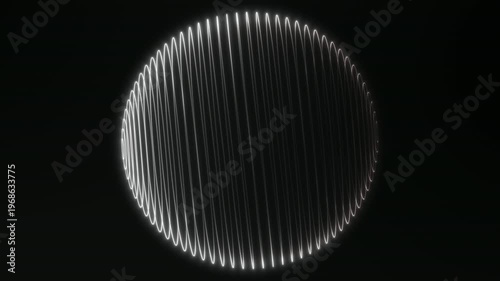 Abstract white glowing line sphere with vertical light stripes and minimal digital wave structure, futuristic sci fi striped orb on black background seamless loop animation 4K