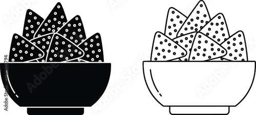 Nachos in bowl vector silhouette set, corn tortilla chips icon, mexican snack food illustration, isolated black and white line art.
