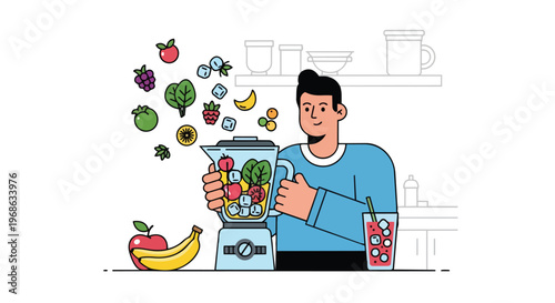 Man preparing healthy fruit and vegetable smoothie in blender