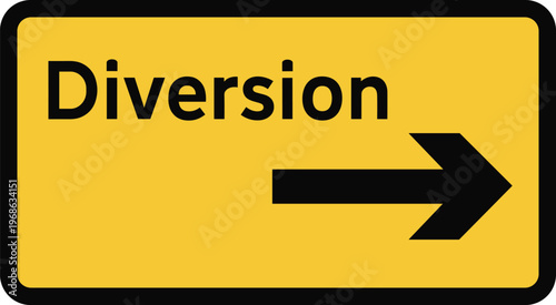 Diversion Road Sign with Right Arrow in Yellow and Black for Traffic Direction, Road Safety, Construction Detour, and Transport Guidance Design