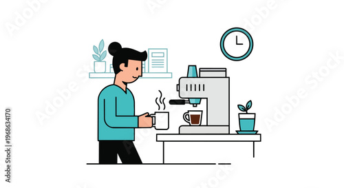 Woman Making Fresh Coffee at Home with Espresso Machine Vector Illustration