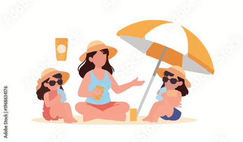 UV Protection Beach Scene Family Kids Sun Safety Summer Vector