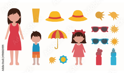 UV Protection Icons And Kids Beach Characters Sun Safety Vector Set