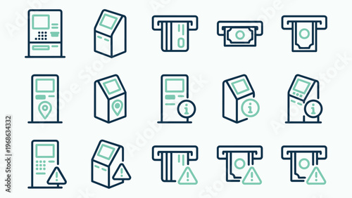 Collection of Two-Tone Outline Icons for ATM, Kiosk, and Self-Service Terminals