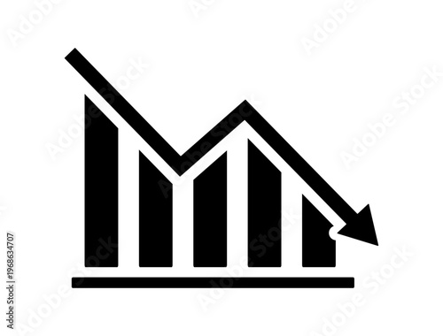 Downward graph bar chart arrow vector icon negative trend stock market business loss concept, financial loss, market crash, economic downfall. Business analytics, statistics, report graph symbol.