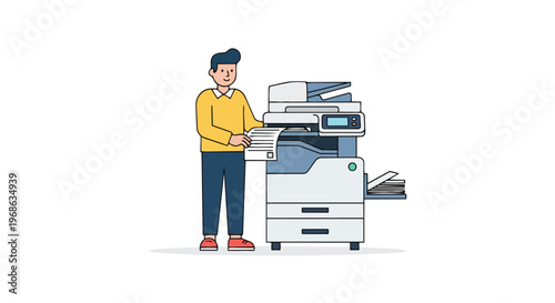 Man operating a modern office printer and copier machine