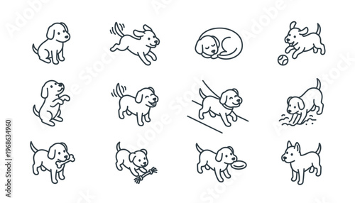 Collection of playful dog line illustrations.