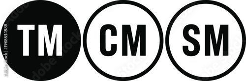 Trademark Symbols Icon Set with TM CM and SM Labels in Circular Black and Outline Styles for Legal, Branding, Copyright, and Intellectual Property Design