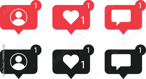 Social Media Notification Bubble Icon Set with User Profile Like and Message Counters in Red and Black for App Interface and Engagement Design