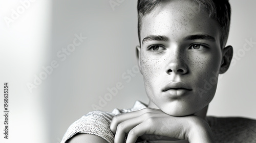 Minimalistische Portraits eines jungen Mannes mit kurzem Haar und neutralem Ausdruck. Klare Beleuchtung, Fokus auf Gesicht, Hautstruktur und reduzierte, moderne Ästhetik.