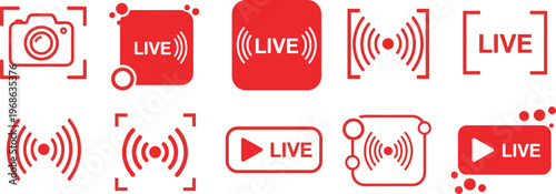 Live Streaming Icon Collection with Camera Broadcast Signals Play Buttons and Recording Frames for Video Content, Social Media, Online Events, and Digital Communication Design