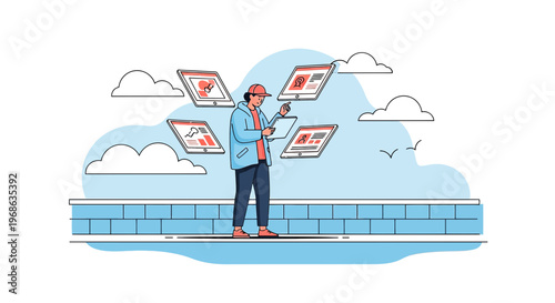 Man Managing Multiple Digital Screens on Cloud Background