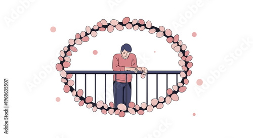 Man on Balcony Surrounded by Floral Garland, Contemplative Mood