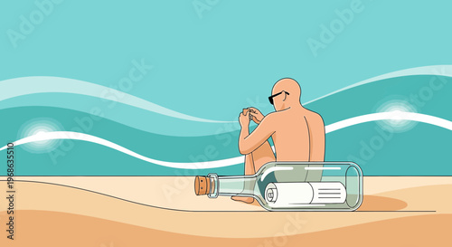 Man on Beach with Message in a Bottle, Summer Vacation Dream