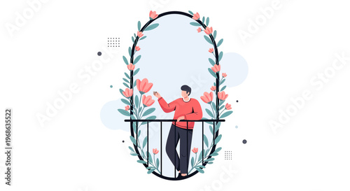 Man on Balcony with Floral Arch, Springtime Serenity