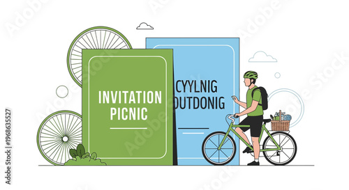 Man on Bicycle with Picnic Invitation, Wheels and Flowers