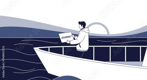Man on Boat Holding Sign with Word Journey, Travel Concept