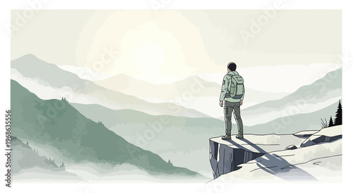 Man on cliff edge overlooking misty mountains at sunrise, pixel art style