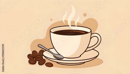 Hot coffee mug on saucer with spoon and rising steam, surrounded by roasted beans, evoking morning aroma, warmth and a fresh caffeinated boost for breakfast or break