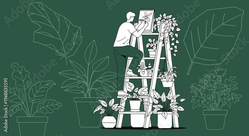 Man on Ladder Tending Potted Plants, Greenery and Botanical Illustration